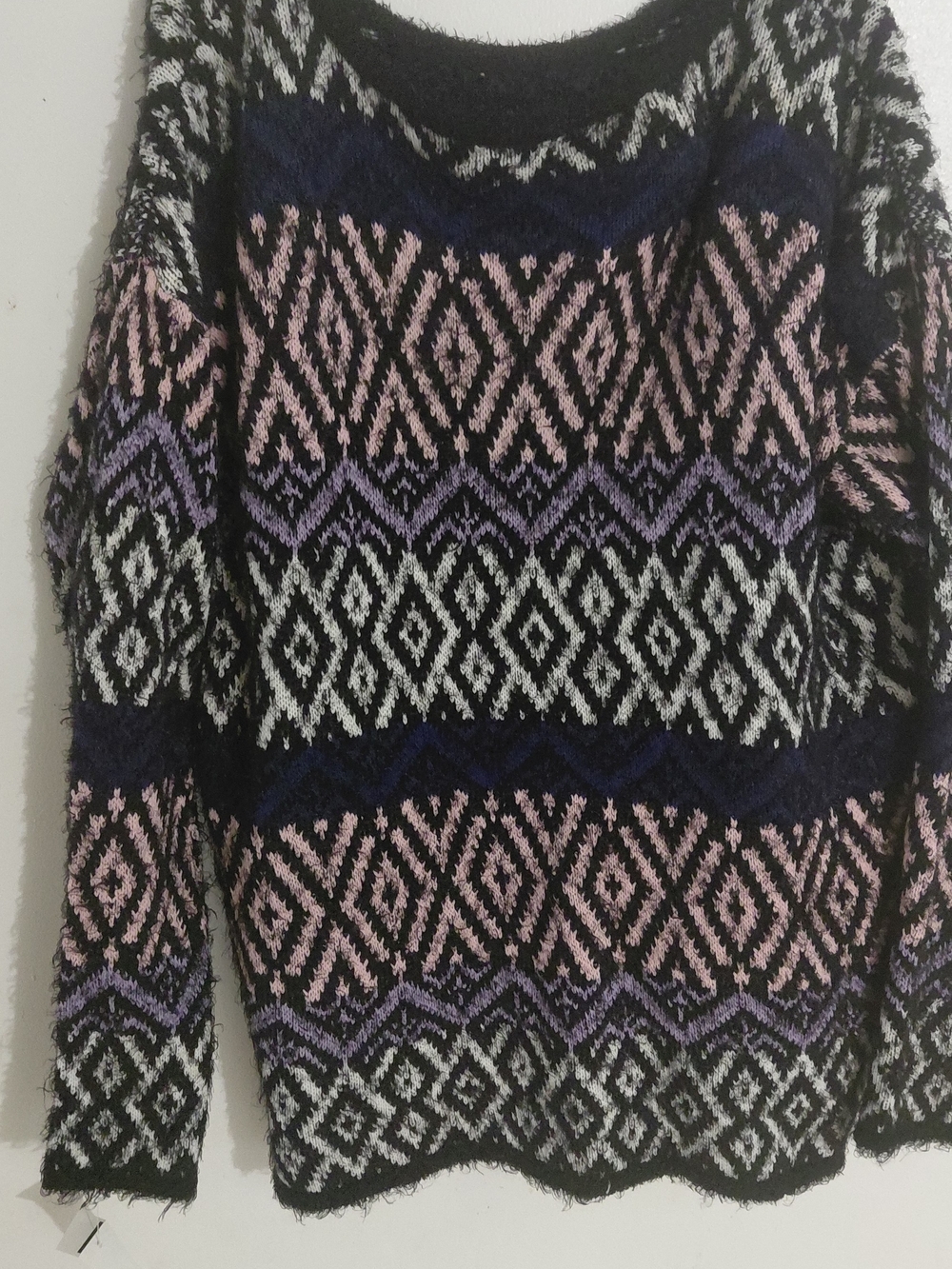 Relativity Black Crewneck Sweater with Pink, Purple & White Geometric Stripes